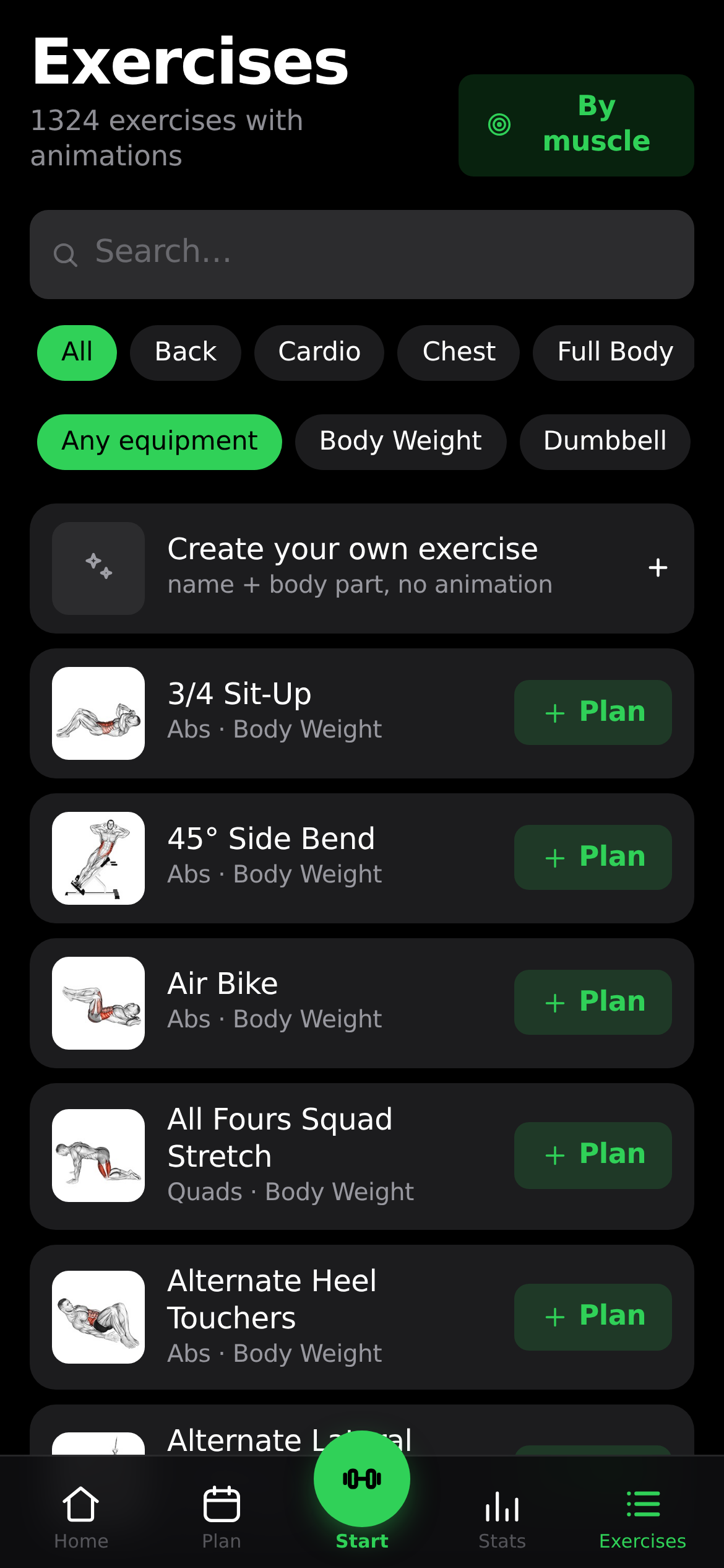 Exercise library with search and filters